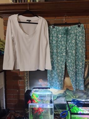 Ambiance White V-Neck Long Sleeve Top with Teal Floral Pajama Pants Loungewear
